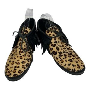 Minnetonka Sz 11 Leather Leopard Dyed Calf Hair Booties/Moccasins Festival EUC
